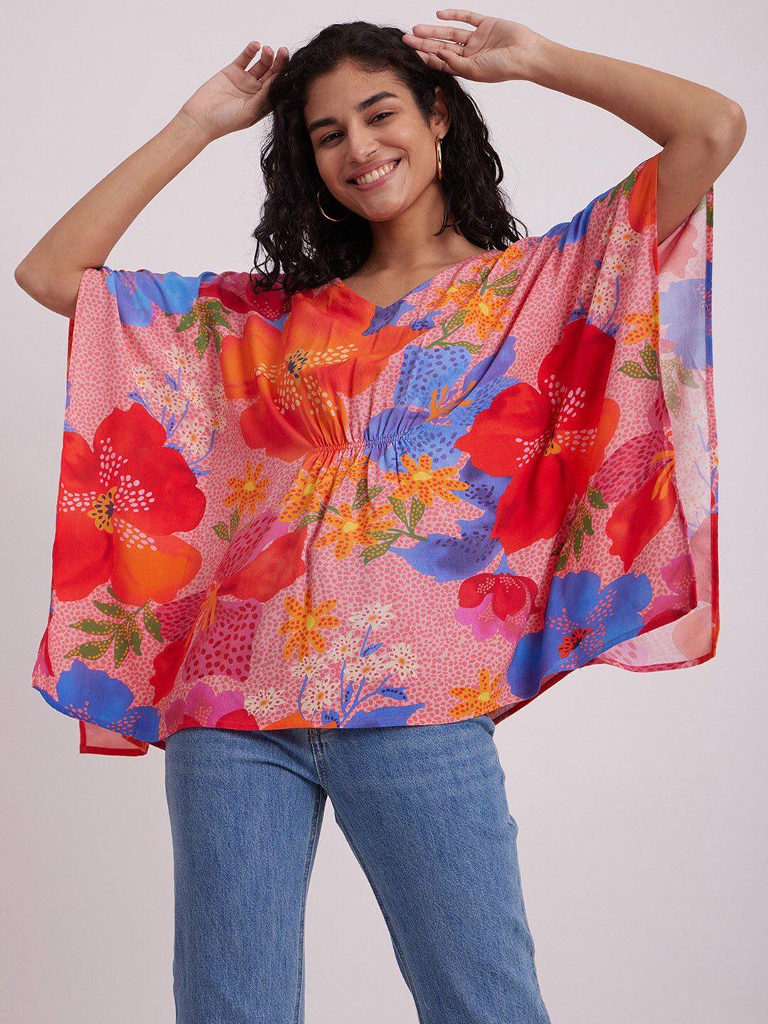 pink fort floral printed kimono sleeve kaftan top