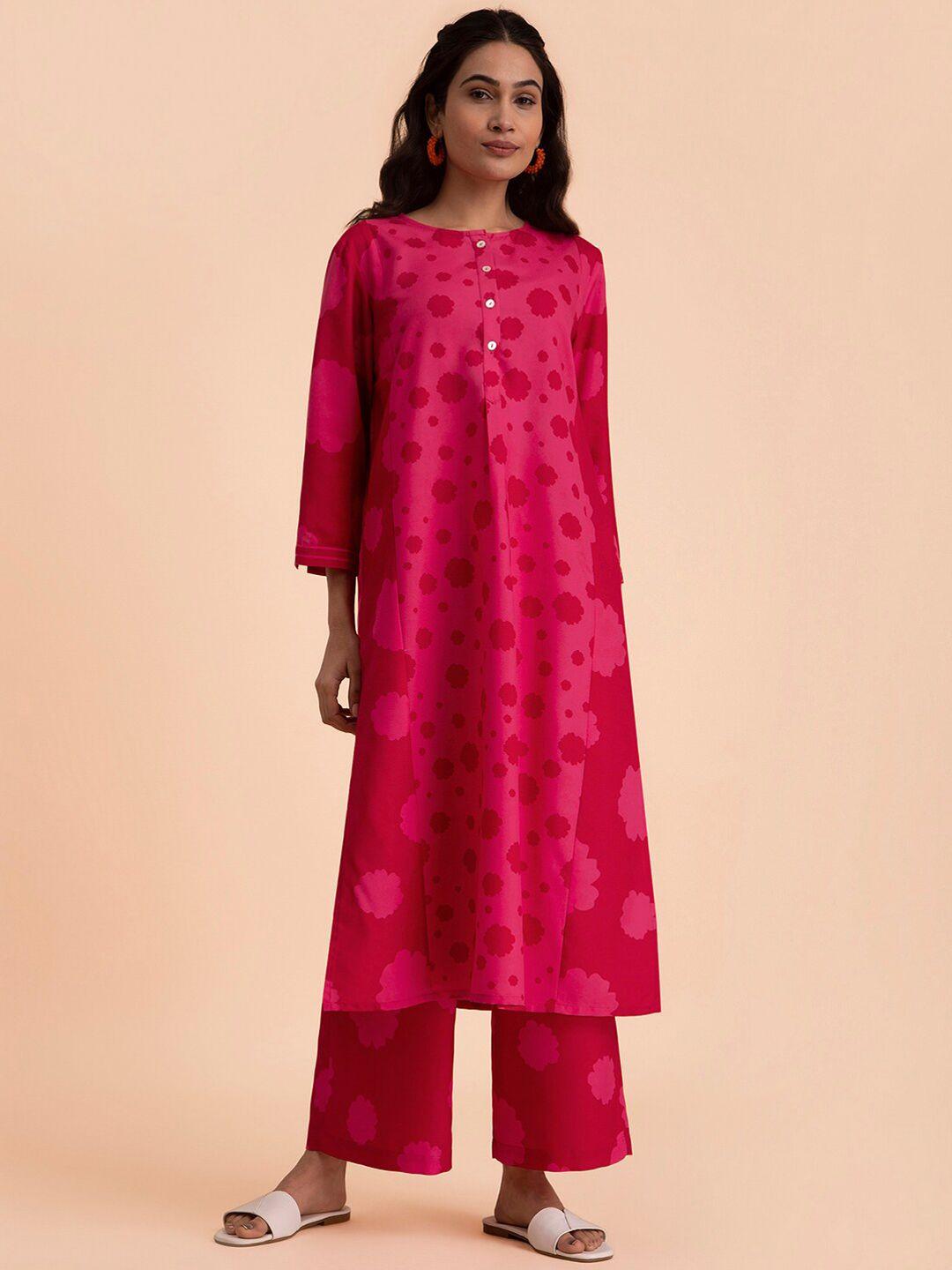 pink fort floral printed panelled a-line kurta with palazzos