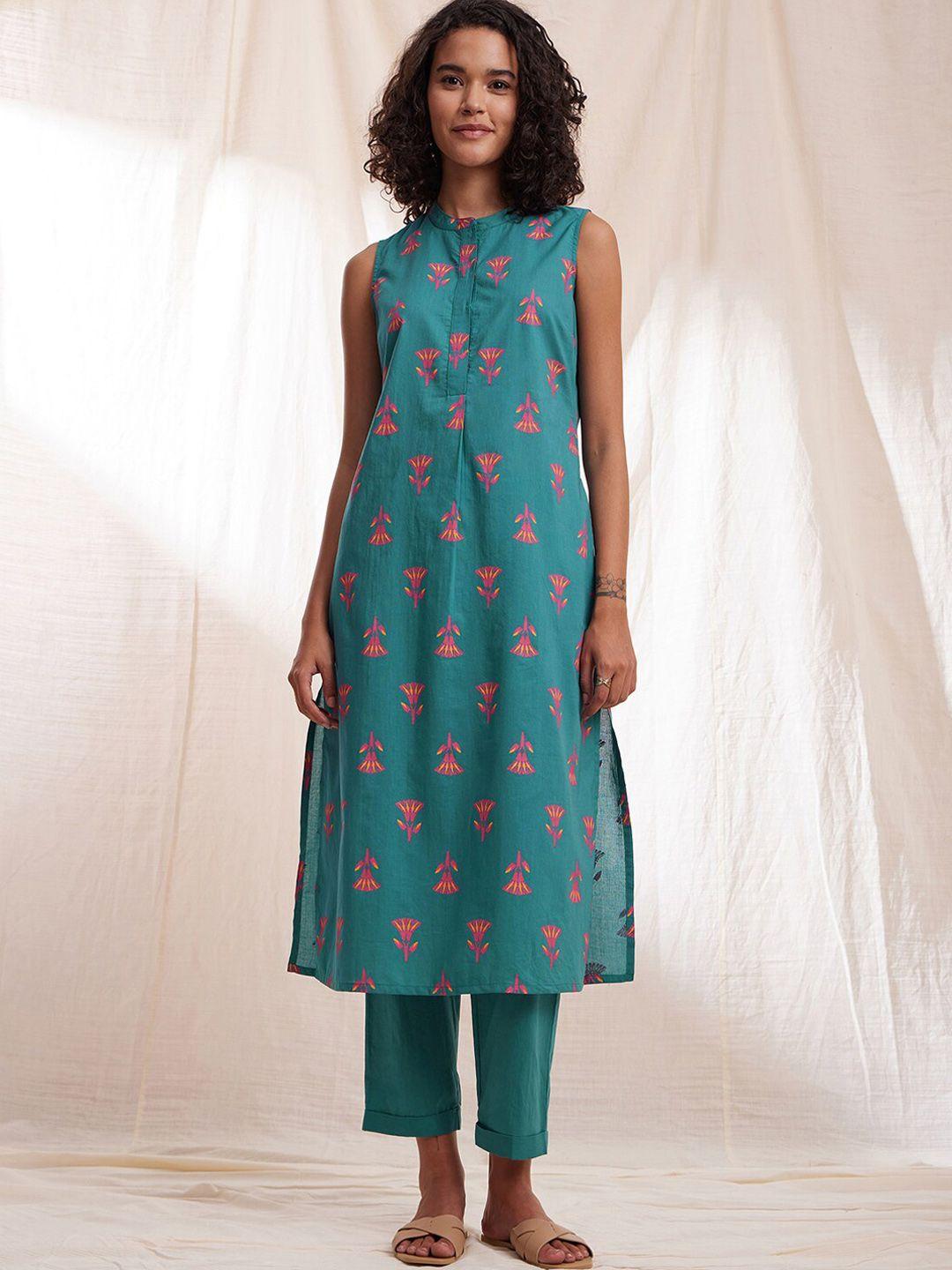 pink fort floral printed pure cotton kurta with trousers