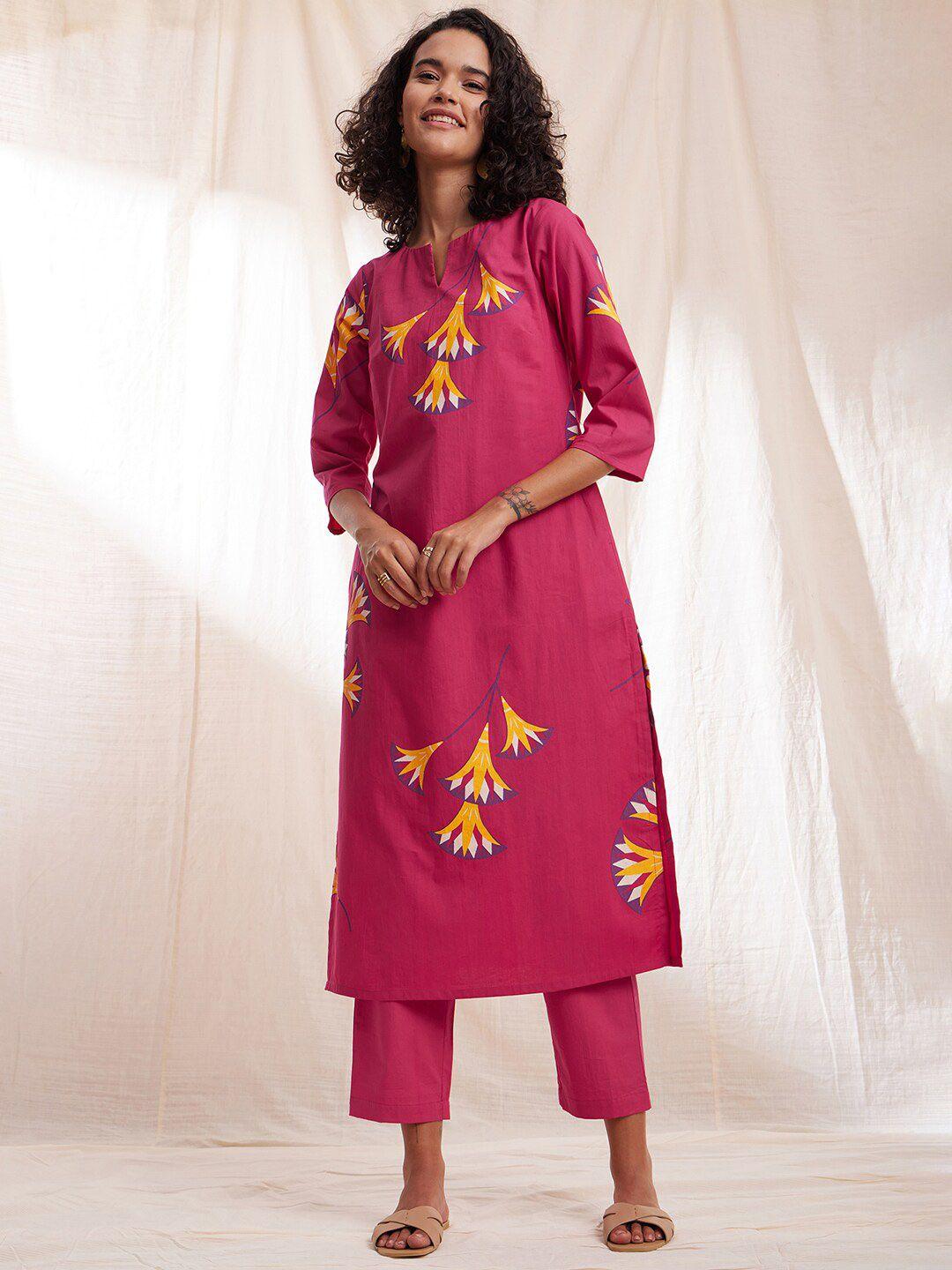 pink fort floral printed pure cotton kurta with trousers
