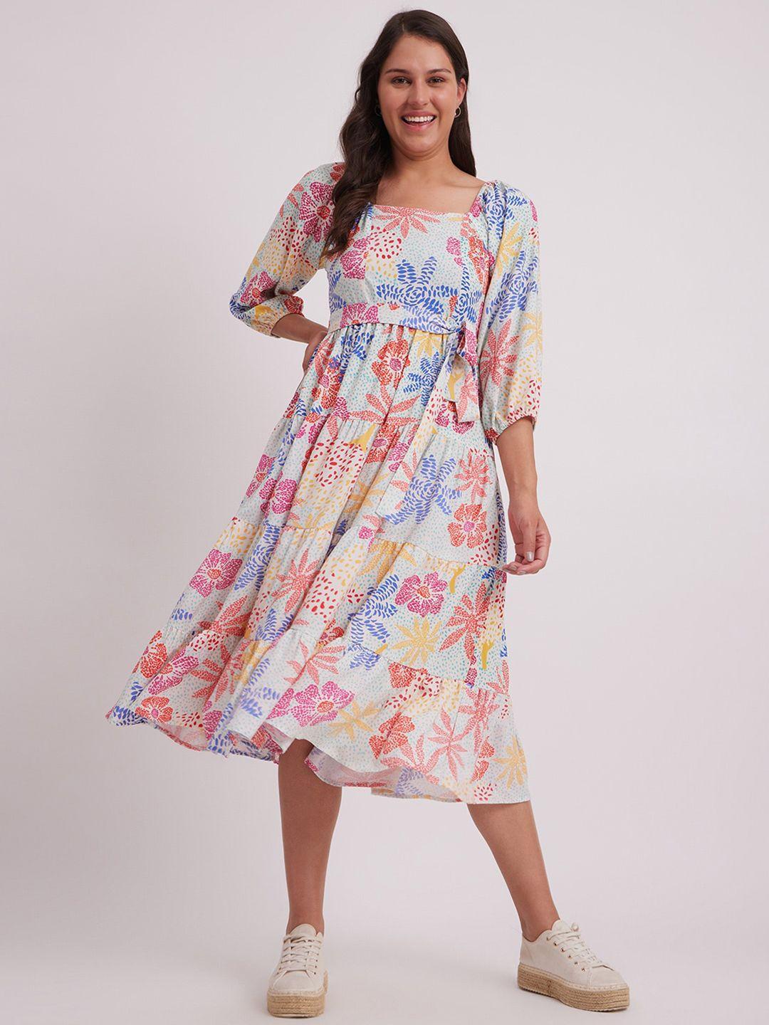 pink fort floral printed tiered a-line midi dress with belt