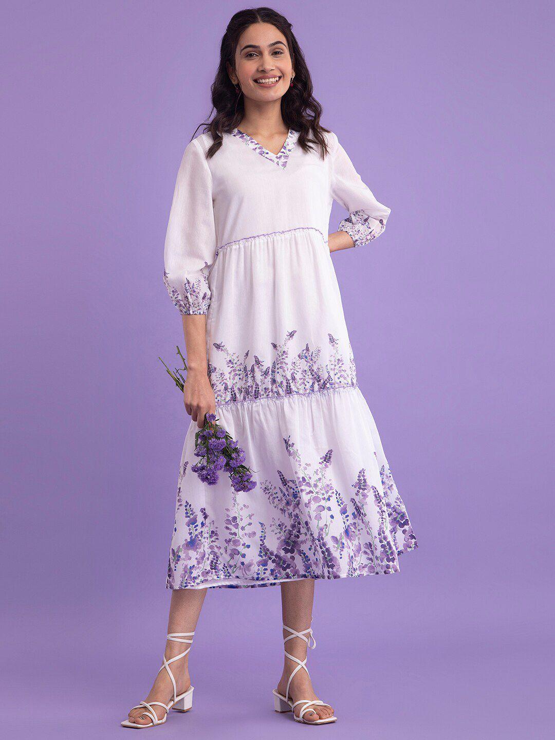 pink fort floral printed v-neck puff sleeves midi a-line dress