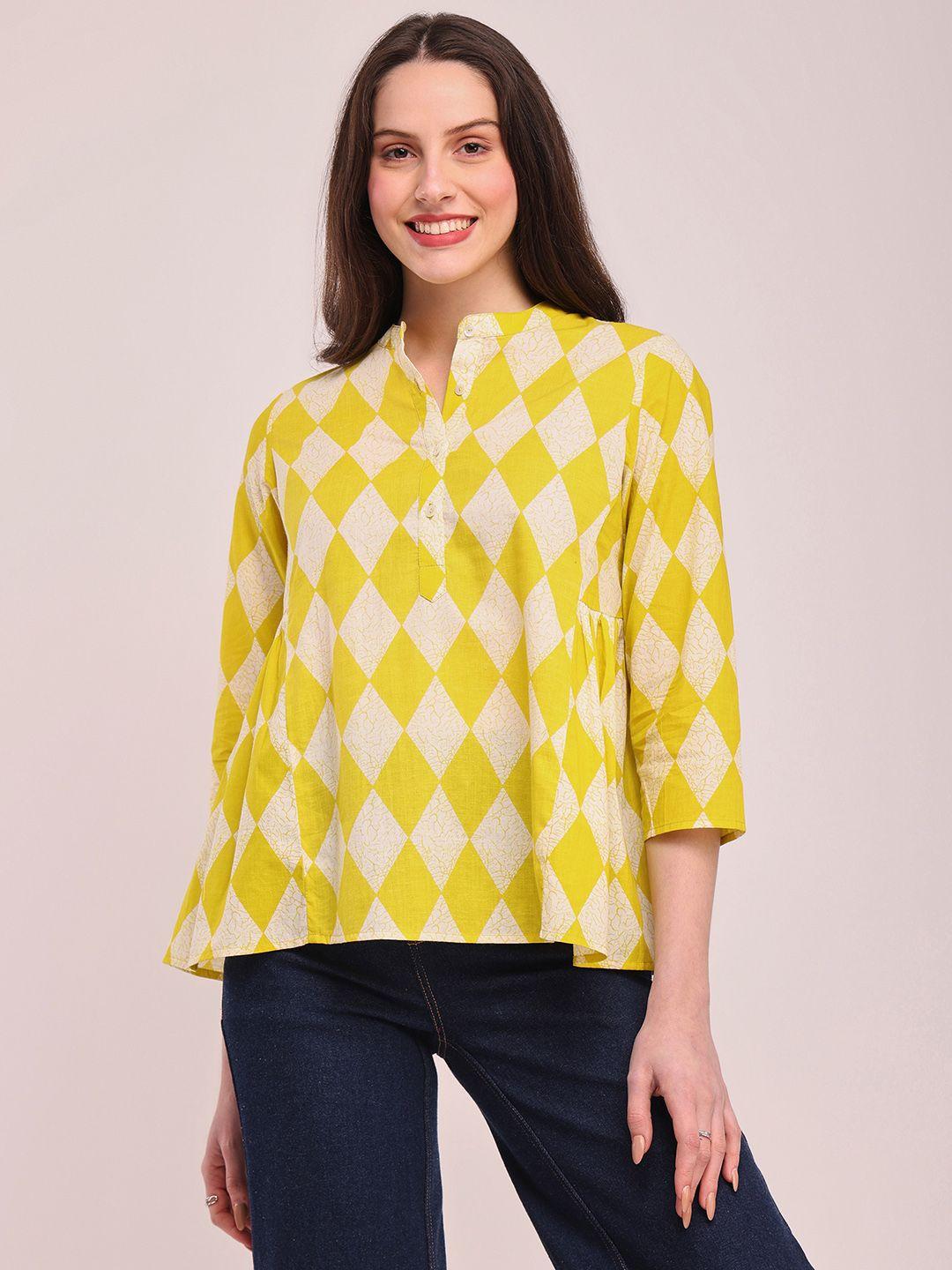 pink fort geometric print mandarin collar cotton shirt style top