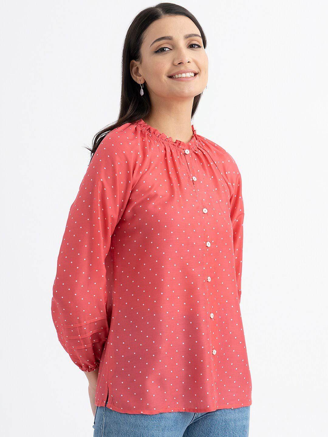 pink fort geometric printed mandarin collar puff sleeve cotton shirt style top