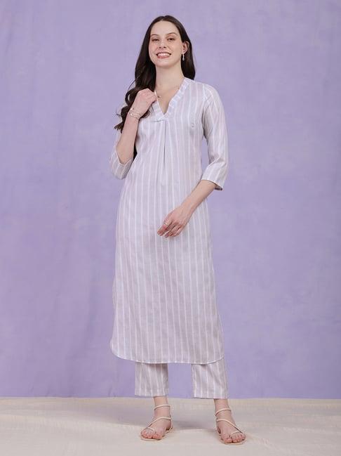pink fort grey cotton striped kurta with pants