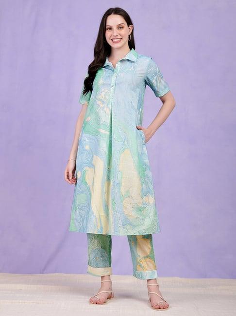 pink fort light blue cotton printed kurta with pants