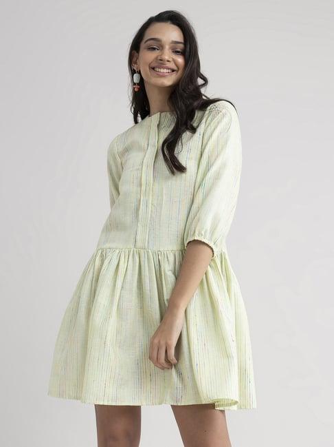 pink fort lime green cotton striped a-line dress