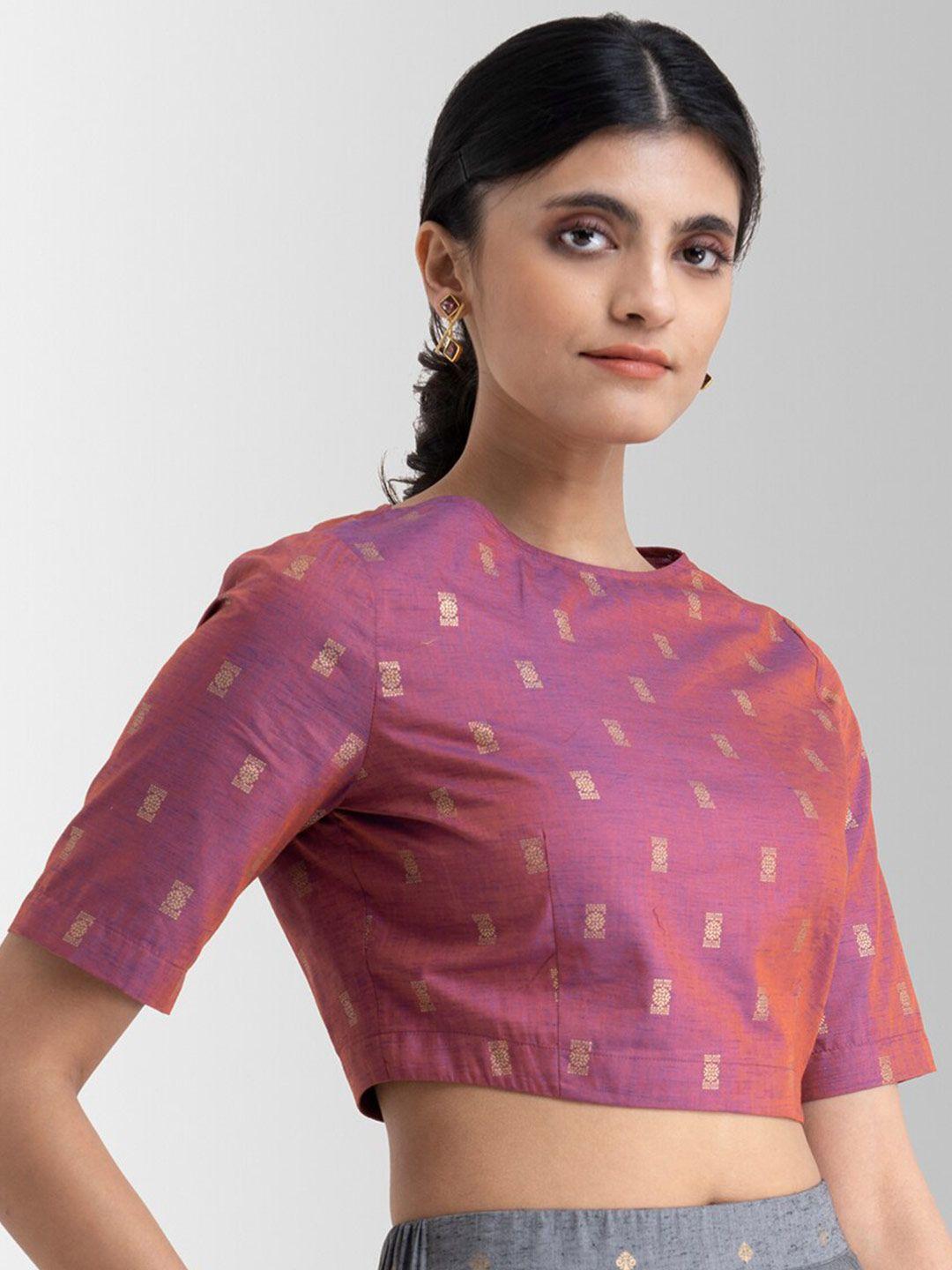 pink fort magenta ethnic motifs foil print crop top