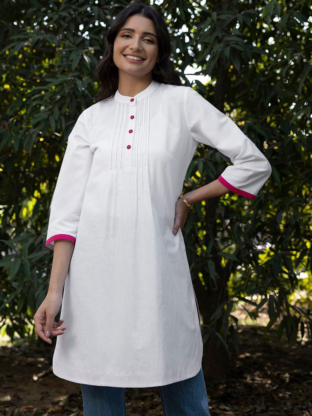 pink fort mandarin collar pleated a-line cotton kurta