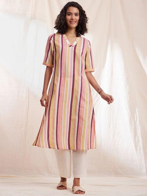 pink fort multicolor cotton striped a line kurta