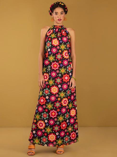 pink fort multicolor floral print gown
