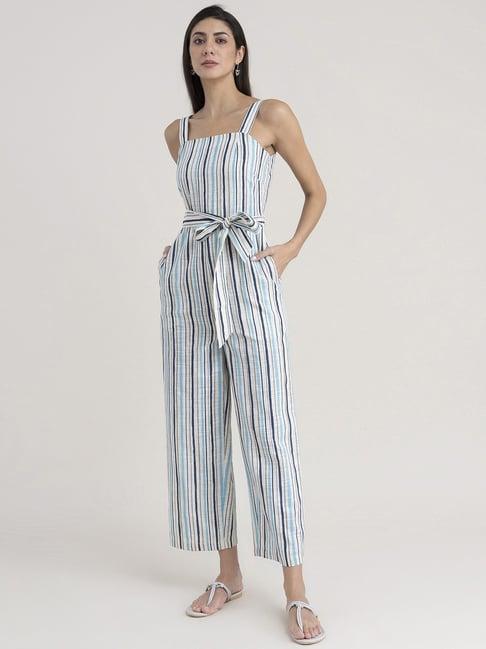 pink fort off-white & blue cotton striped jumpsuit