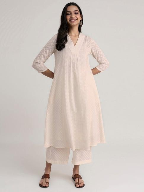 pink fort off-white cotton embroidered kurta palazzo set