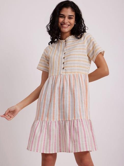 pink fort off-white cotton striped a-line dress