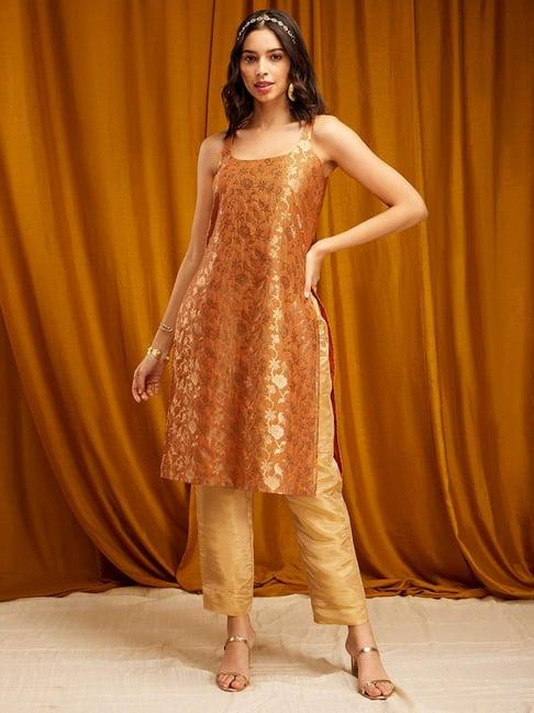 pink fort orange & beige floral print kurta pant set