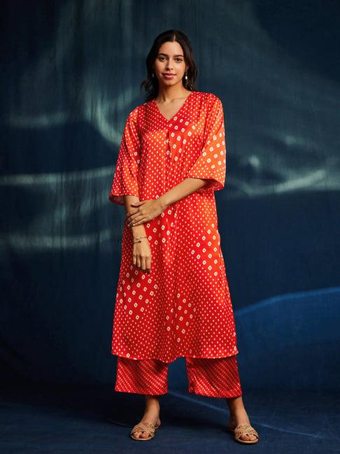 pink fort orange printed kurta pant set