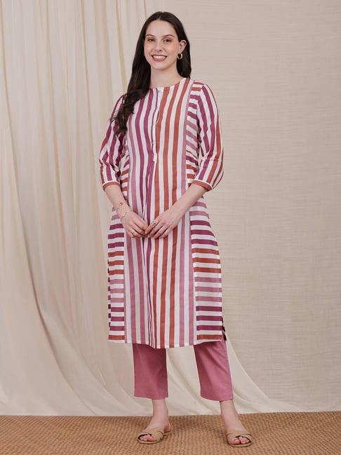 pink fort pink & white cotton striped kurta with palazzos