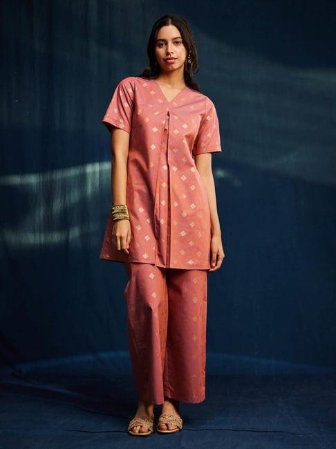 pink fort pink cotton printed tunic & pant set