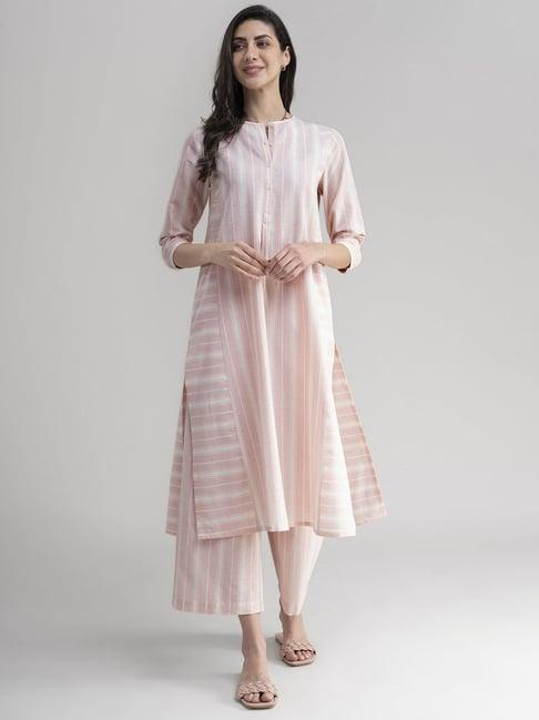 pink fort pink cotton striped a line kurta