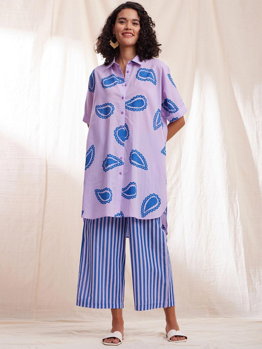 pink fort printed pure cotton shirt with trousers