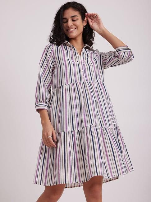 pink fort purple & white cotton striped a-line dress