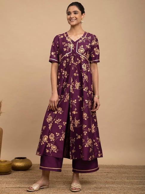 pink fort purple printed kurta & palazzo set