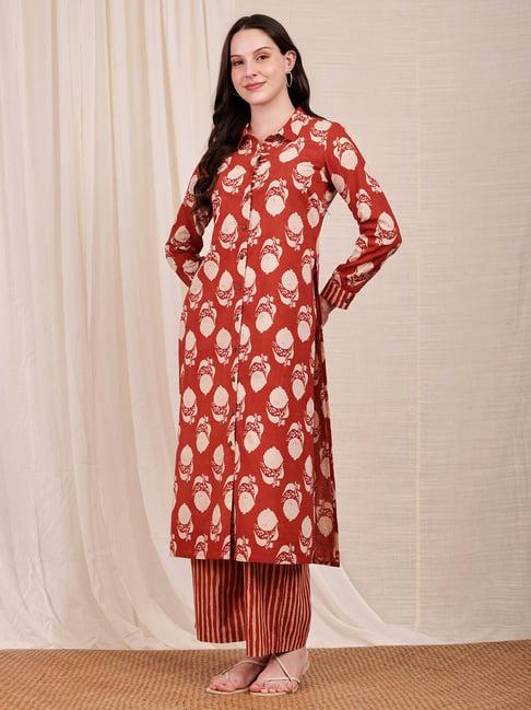 pink fort red & beige cotton printed kurta with pants