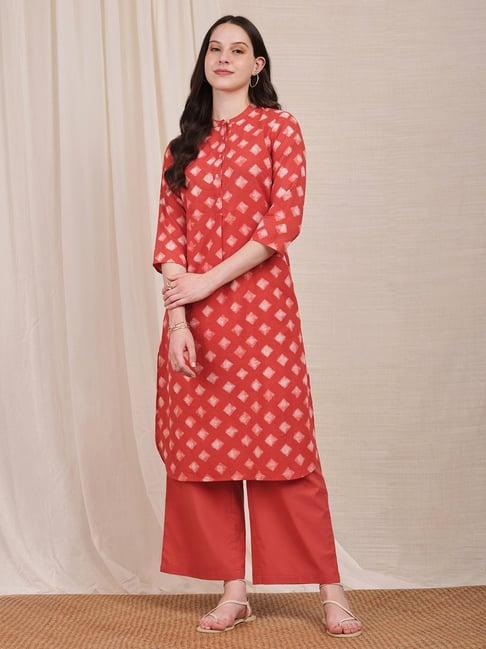 pink fort red cotton printed kurta with pants