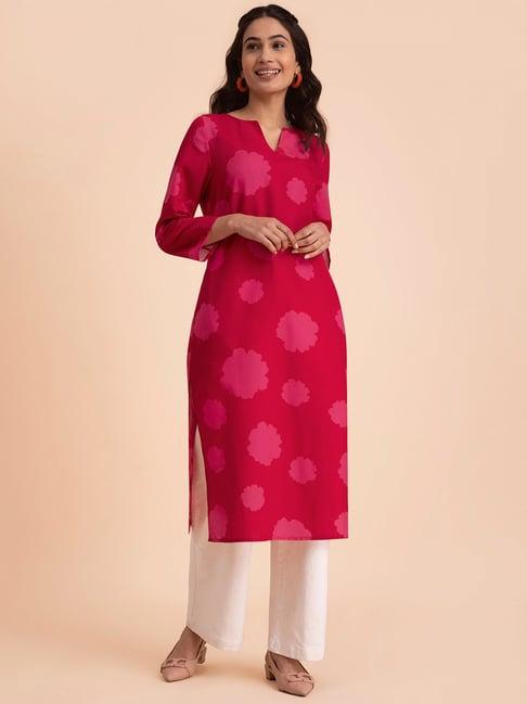 pink fort red floral straight kurta
