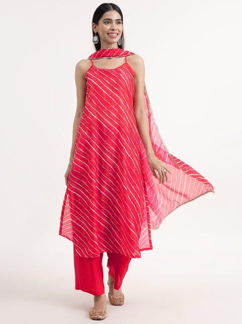 pink fort red striped kurta with palazzo & dupatta