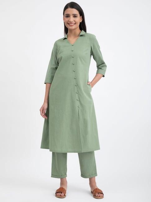 pink fort sage green cotton relaxed fit kurta with pants