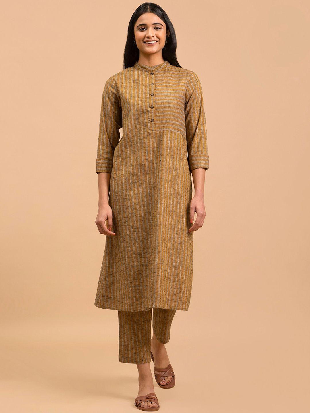 pink fort striped band collar a-line kurta with trousers