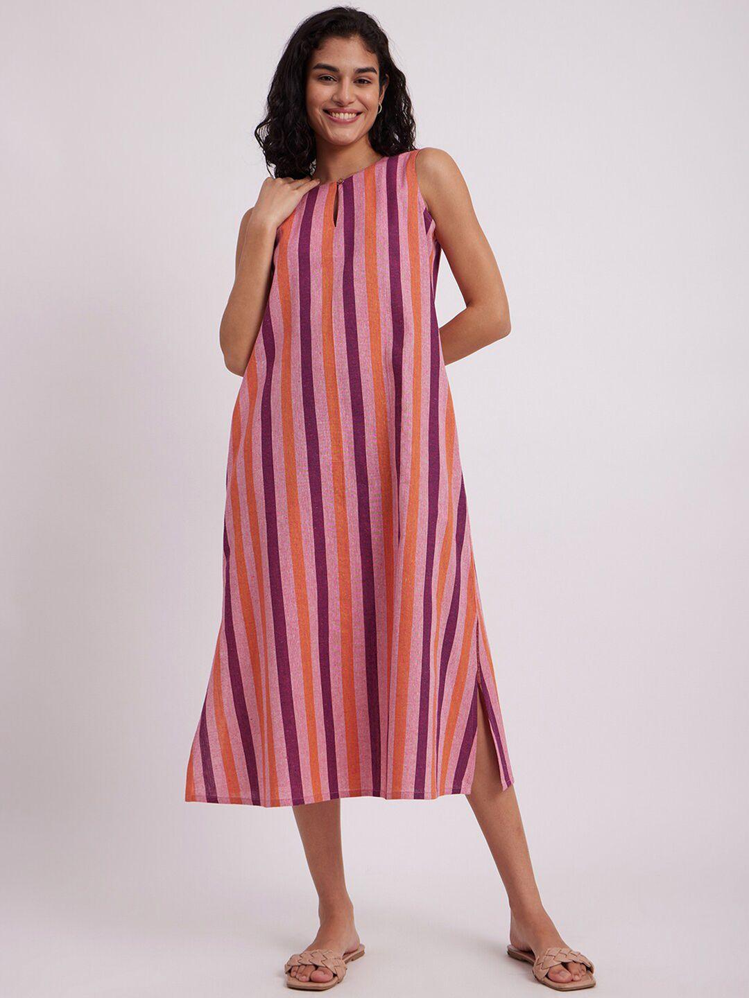 pink fort striped cotton a-line midi dress