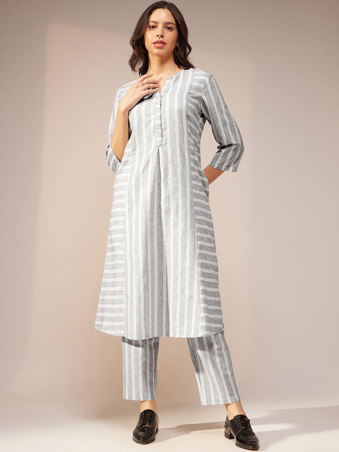 pink fort striped mandarin collar a-line kurta with trousers