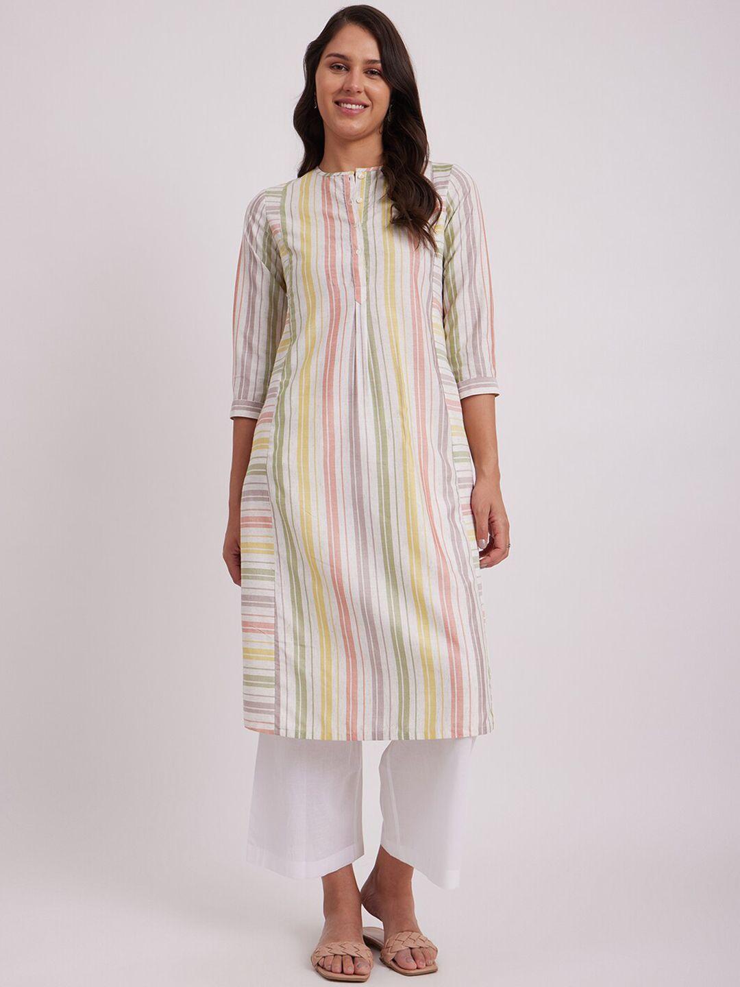 pink fort striped panelled a-line cotton kurta