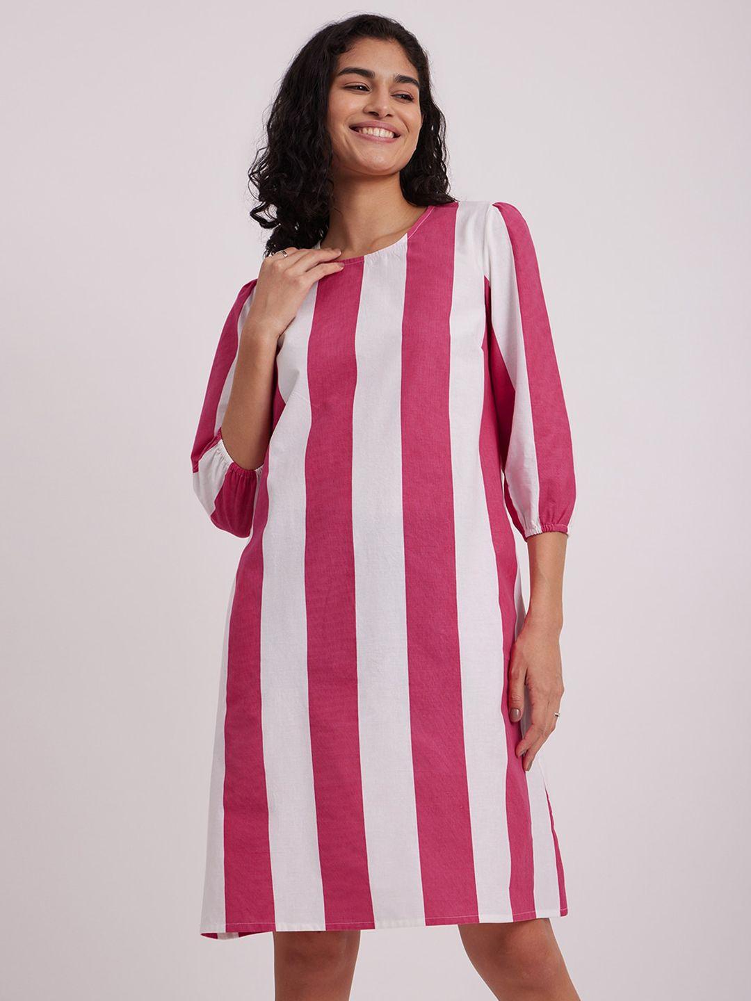 pink fort striped puff sleeve cotton a-line dress
