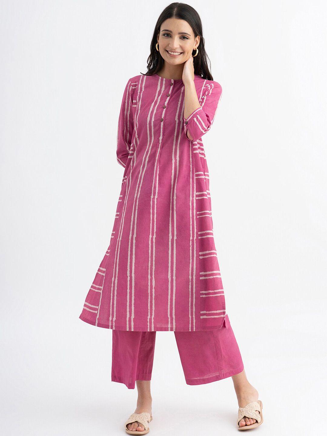 pink fort striped pure cotton a-line kurta with palazzos
