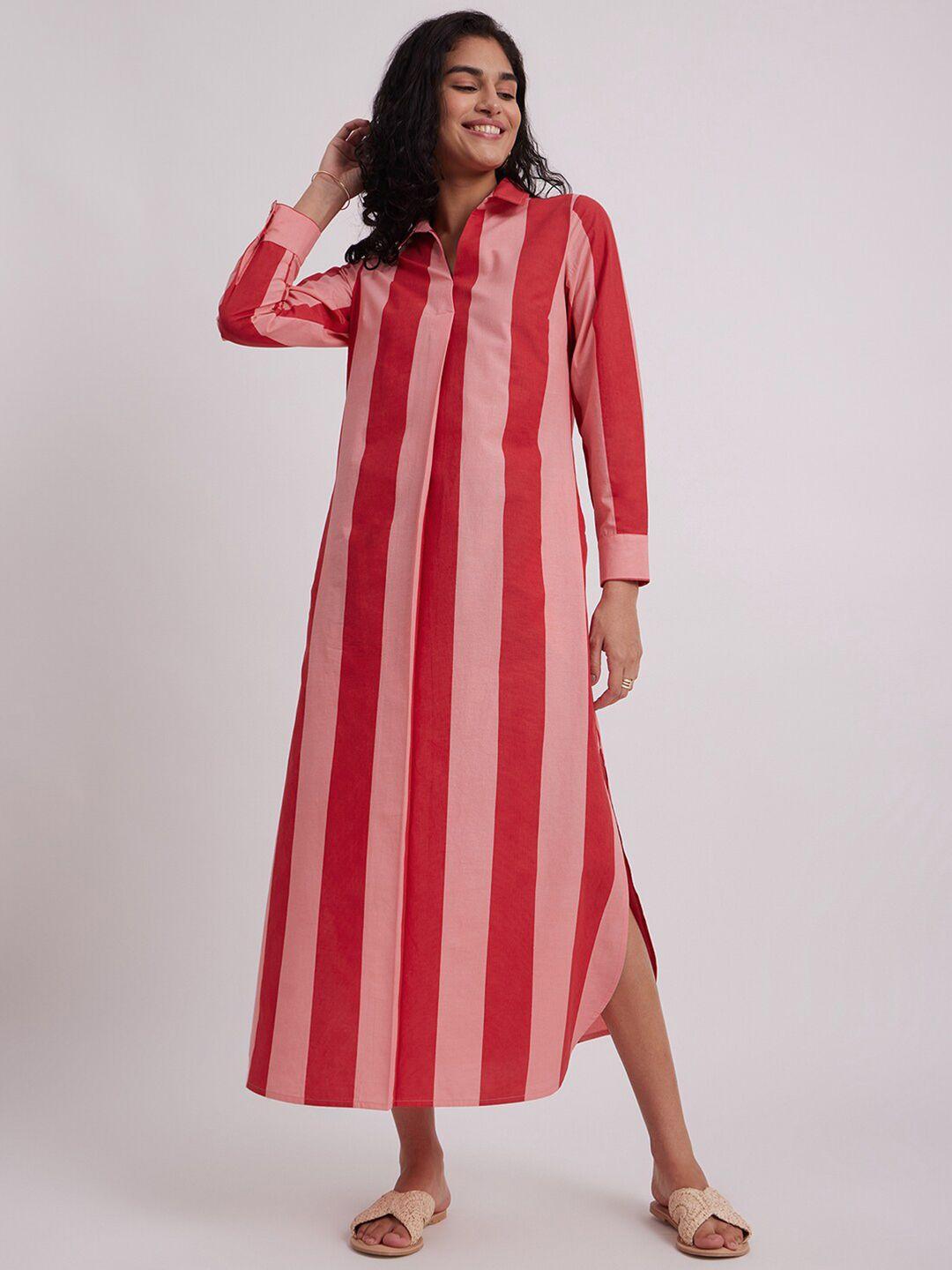 pink fort striped shirt collar cotton a-line maxi dress