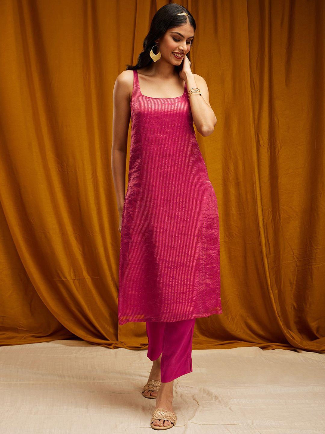 pink fort striped sleeveless silk kurta