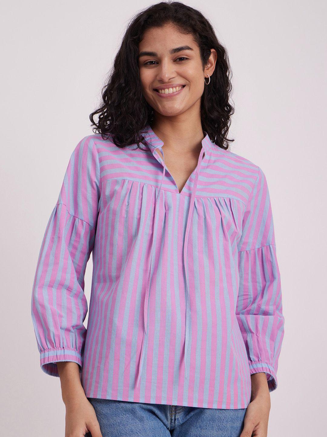 pink fort striped tie-up neck cuff sleeves pure cotton top