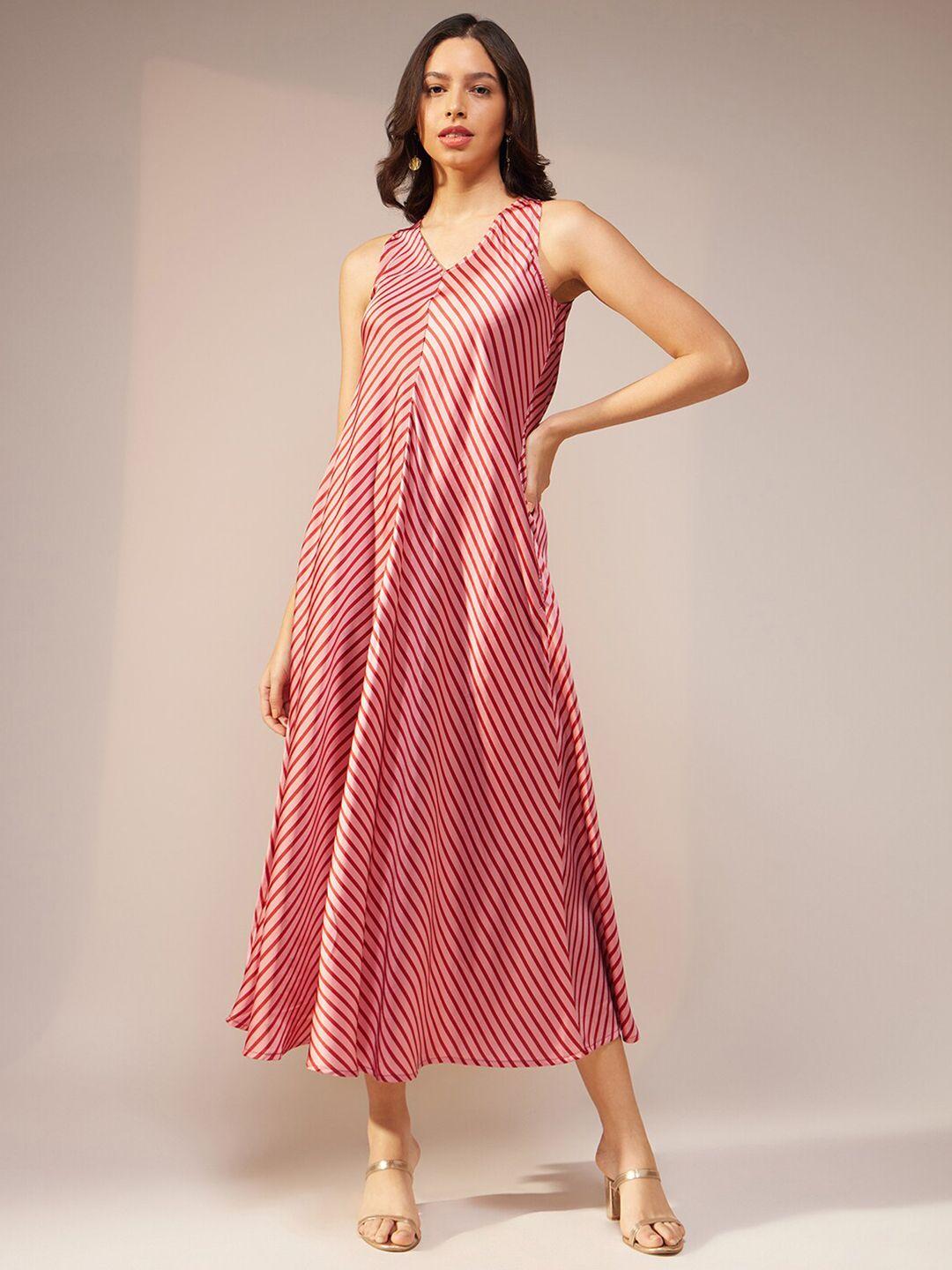pink fort striped v-neck sleeveless satin maxi dress