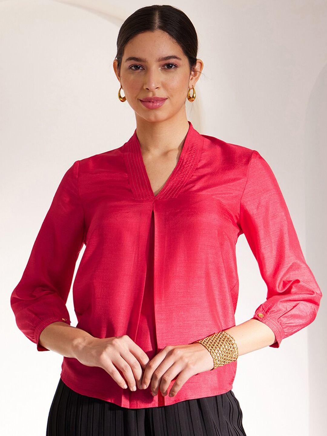 pink fort v-neck cuffed sleeves pleated detail regular top