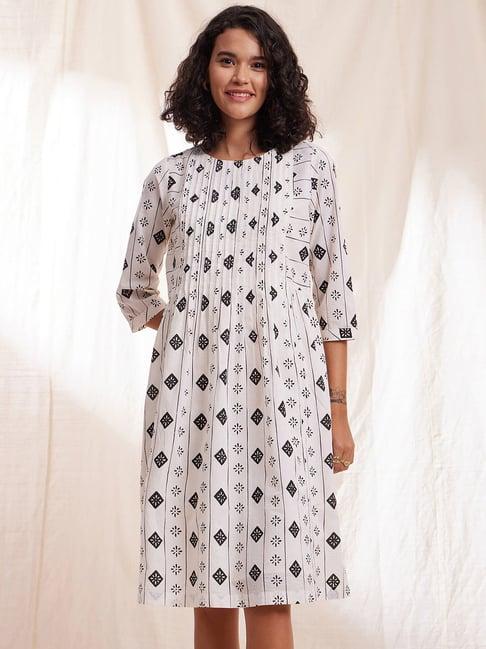 pink fort white & black cotton printed a line dress