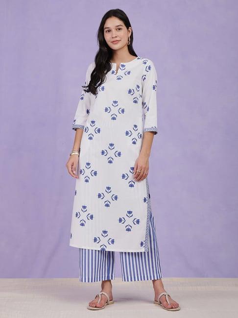 pink fort white & blue cotton printed kurta with palazzos