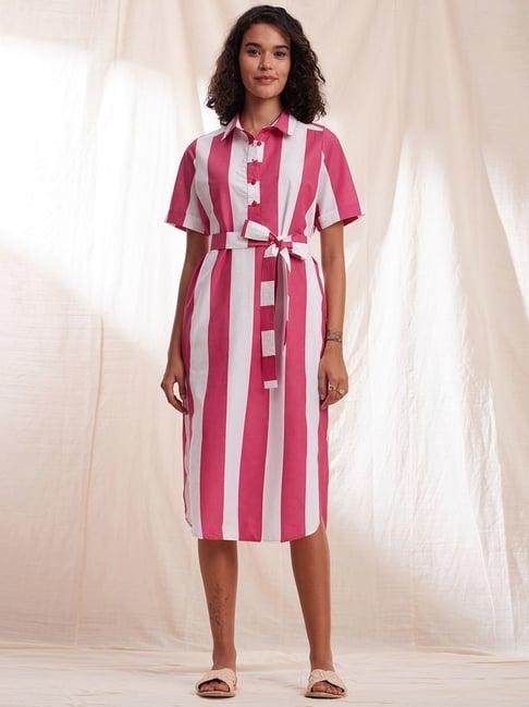pink fort white cotton striped a-line dress