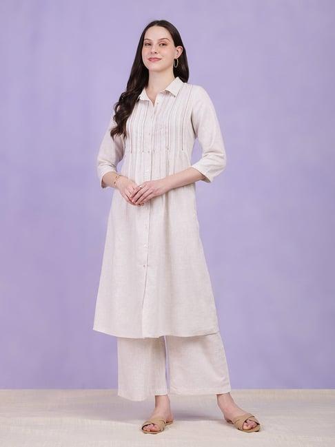 pink fort white relaxed fit kurta with palazzos