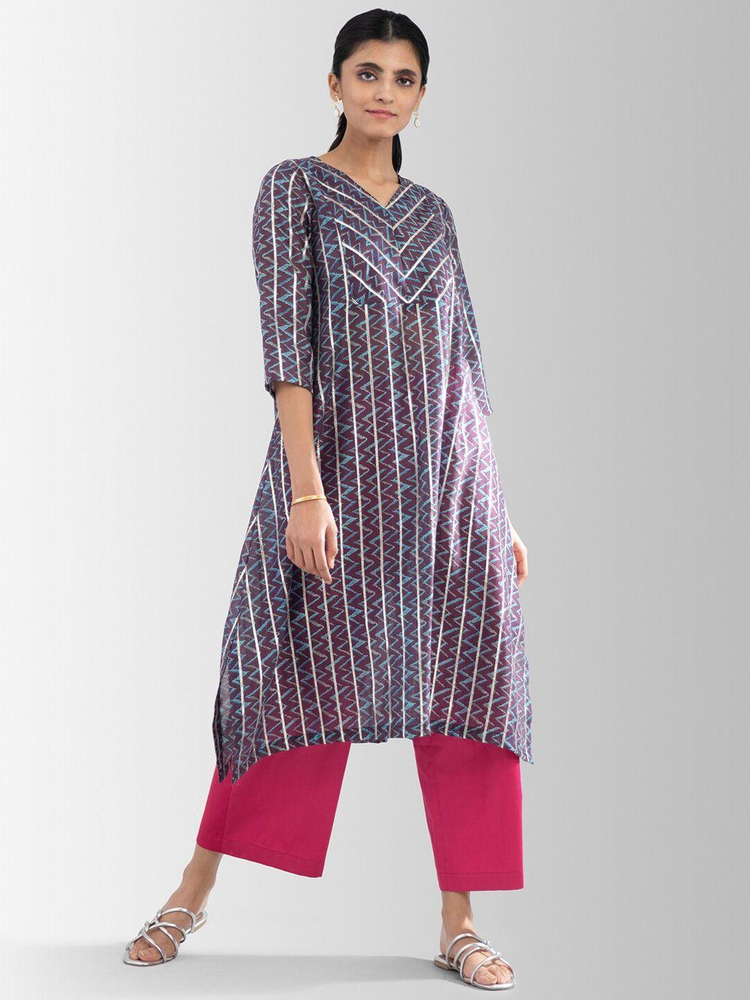 pink fort women blue & pink striped kurta