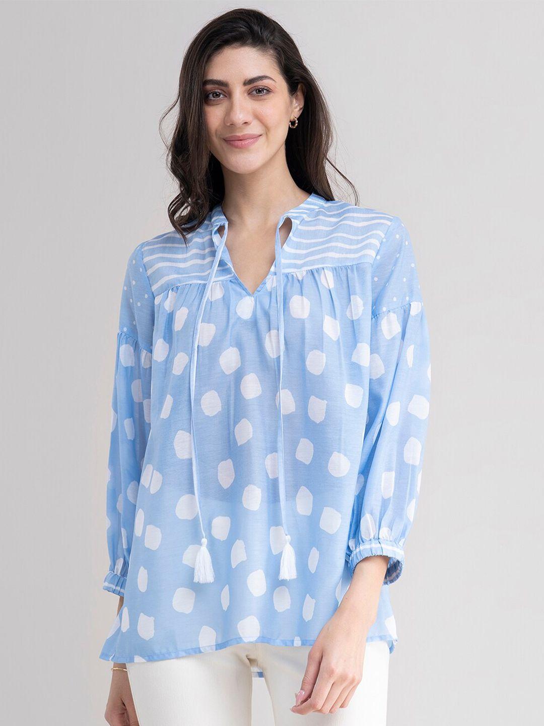pink fort women blue printed cotton blend top