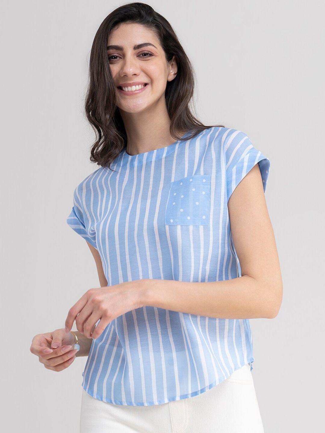 pink fort women blue striped extended sleeves cotton top