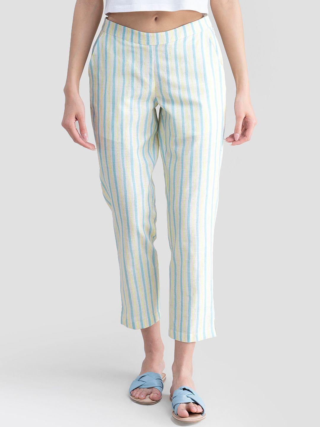 pink fort women cream striped comfort tapered fit cotton trousers